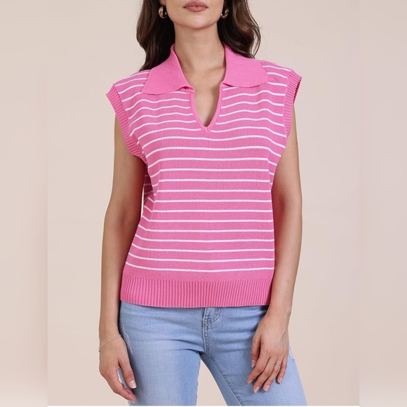 Women's V-Neck Cap Sleeve Oversized Collared Sleeveless Striped Sweater Vest - Picture 1 of 7